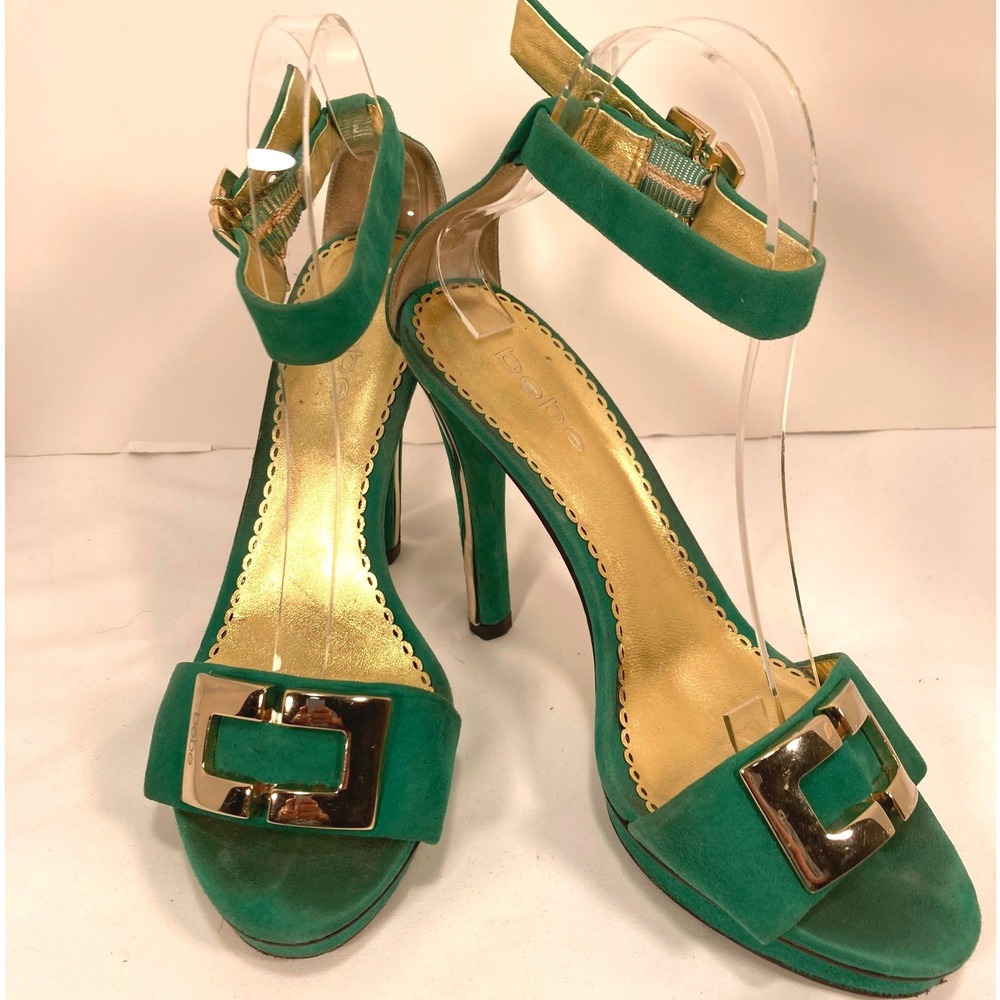 Bebe Emerald Green Suede‎ Gold Buckle Platform Stiletto Sandals Womens 8M 38